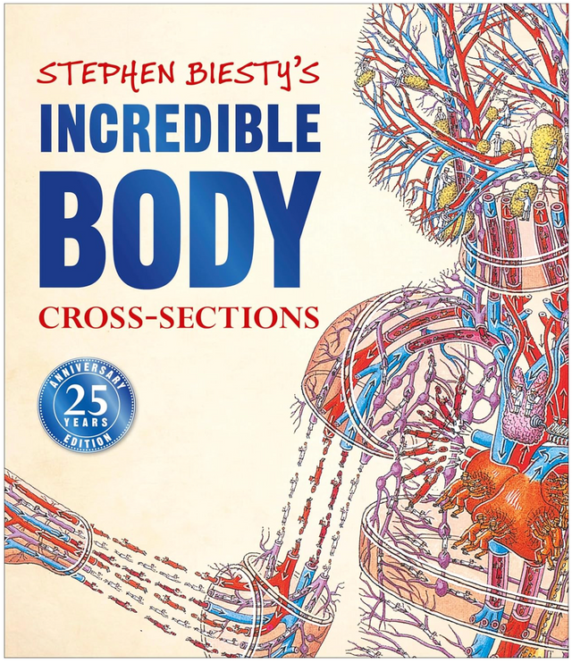 Stephen Biesty's Incredible Body Cross-Sections book cover shows detailed anatomical cross-section illustrations of the human body.