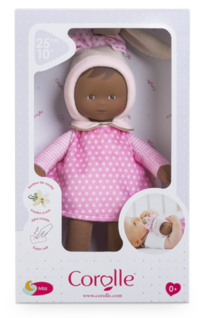 Miss Pink Starry Dreams soft baby doll in pink star dress with vanilla scent, perfect for newborns and tiny hands.