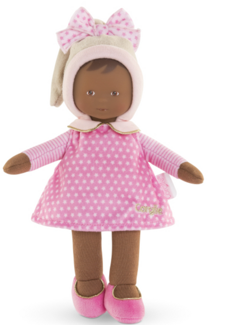 Miss Pink Starry Dreams soft baby doll in pink star dress and hat, cuddly and perfect for tiny hands to hold.
