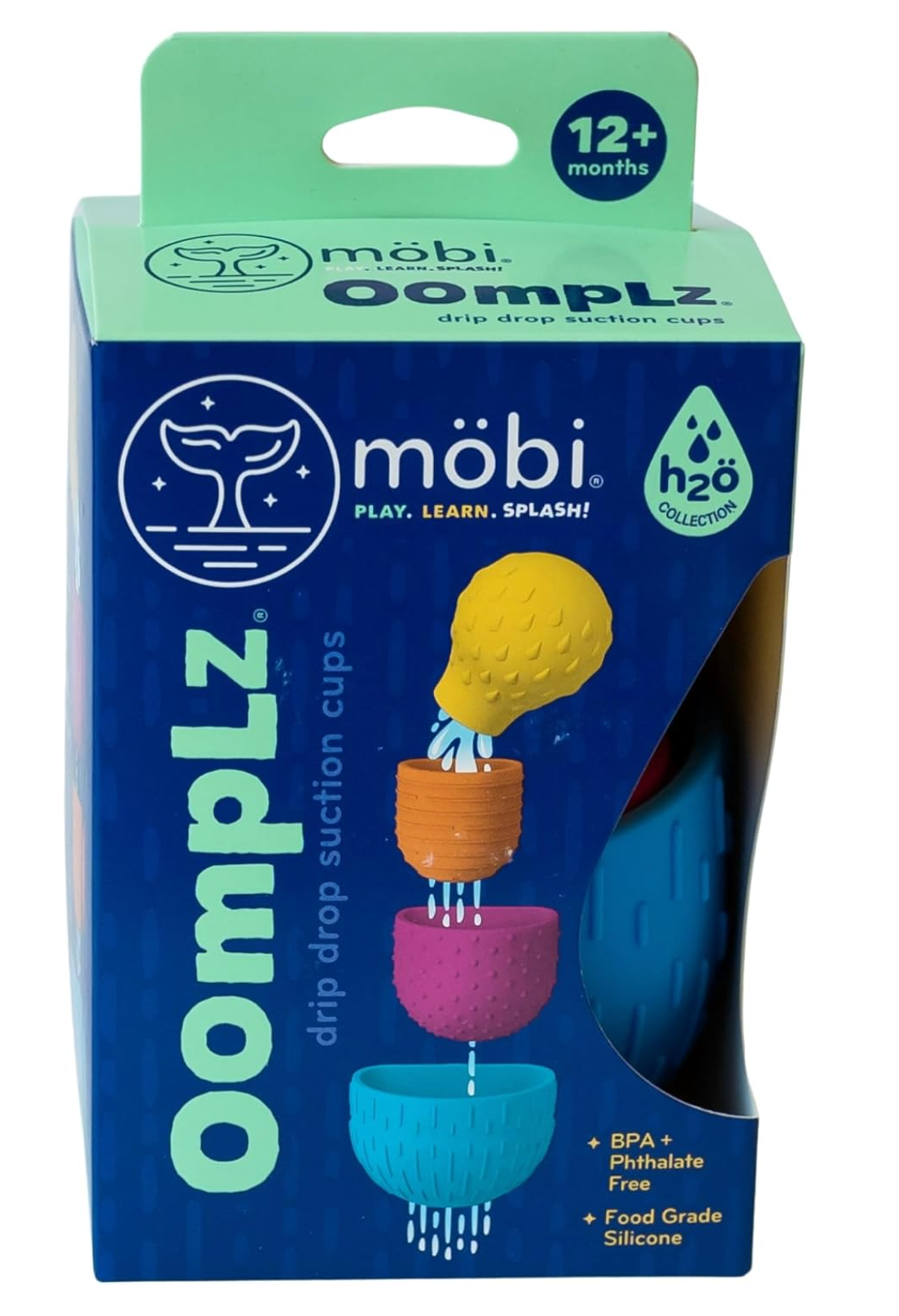 Oomplz Drip Drop Suction Cups set of 4 colorful, textured, BPA-free silicone bath toys for 12+ months.