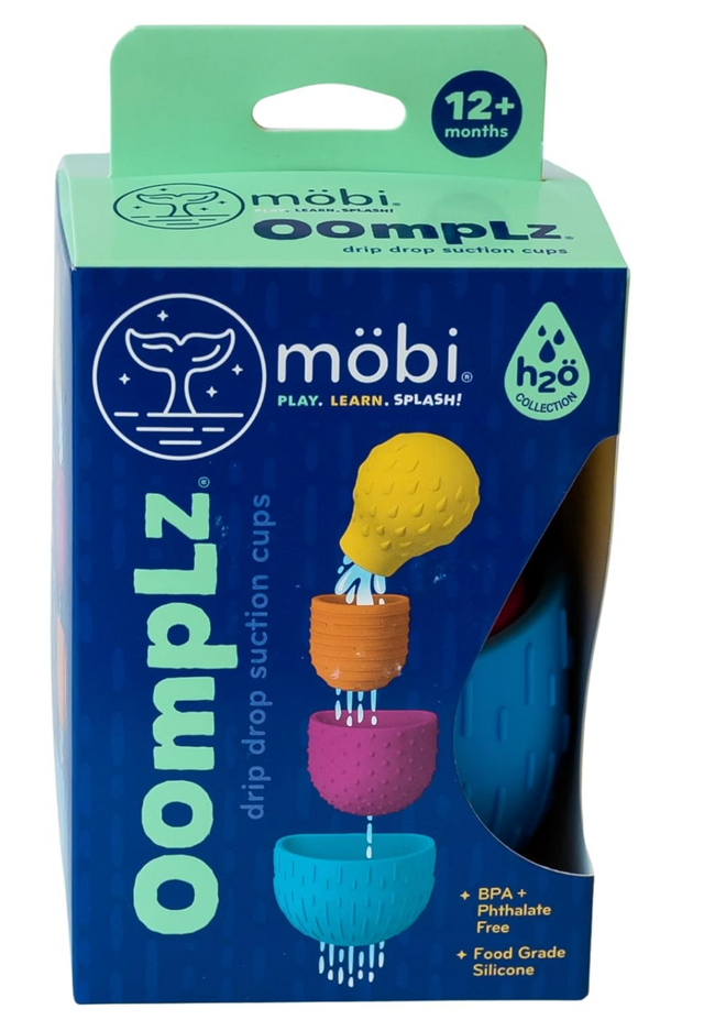 Oomplz Drip Drop Suction Cups set of 4 colorful, textured, BPA-free silicone bath toys for 12+ months.