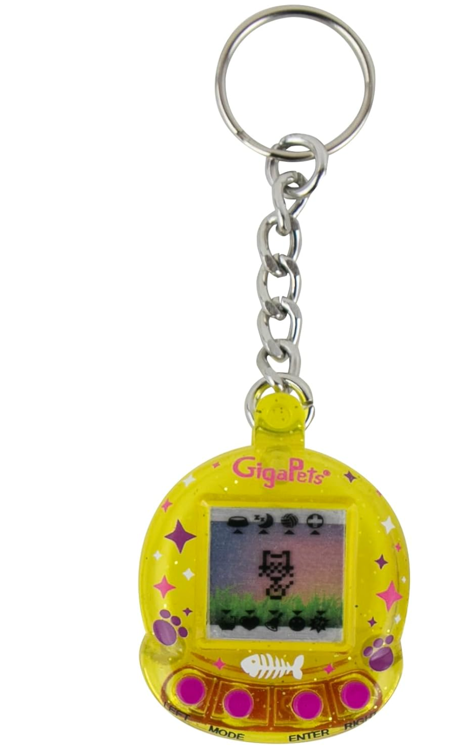 Yellow keychain interactive toy with pixel pet on screen, buttons below, called World's Smallest Giga Pet.