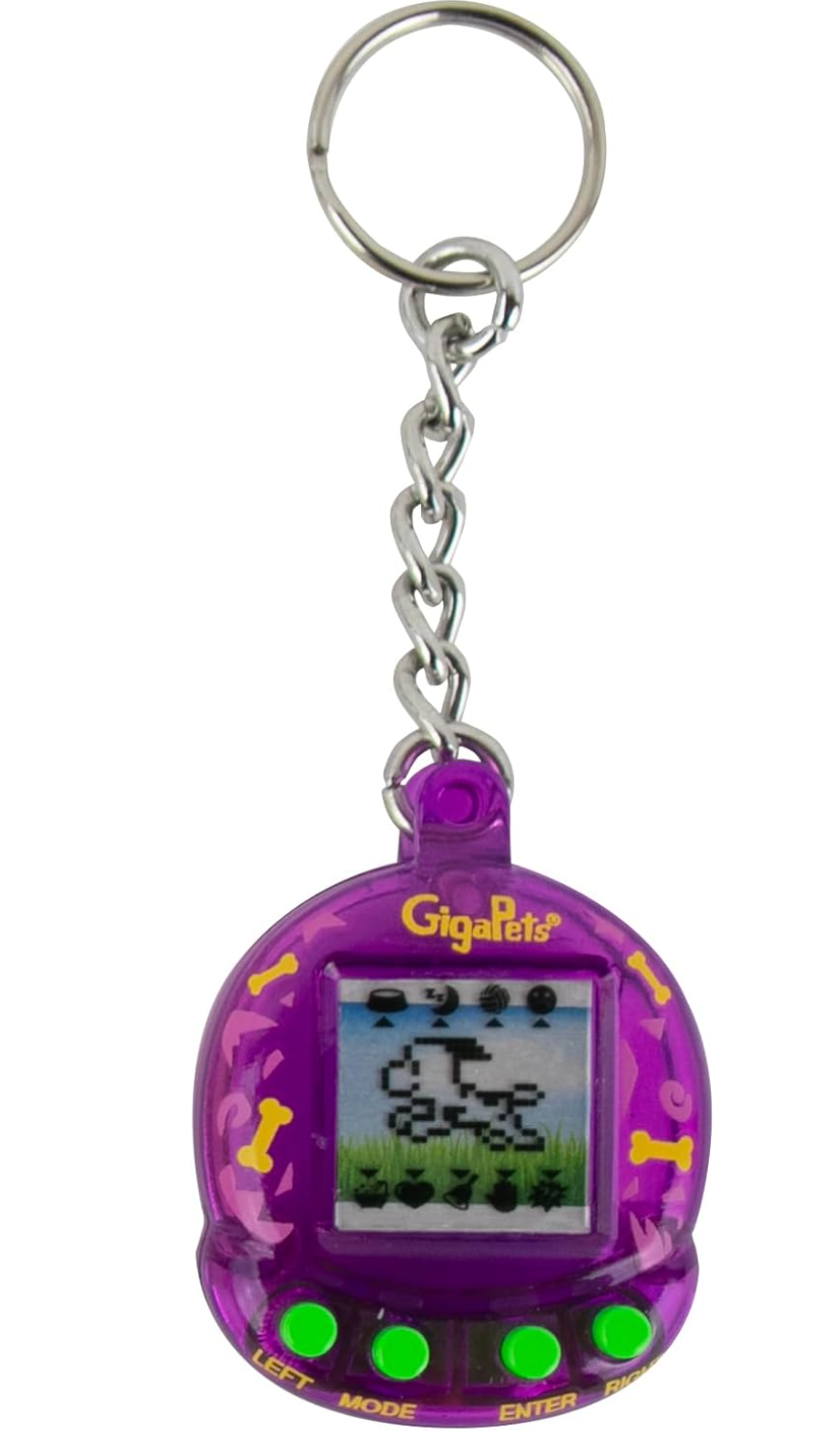 World's Smallest Giga Pet in purple with keychain, featuring a pixel pet on screen and green control buttons.