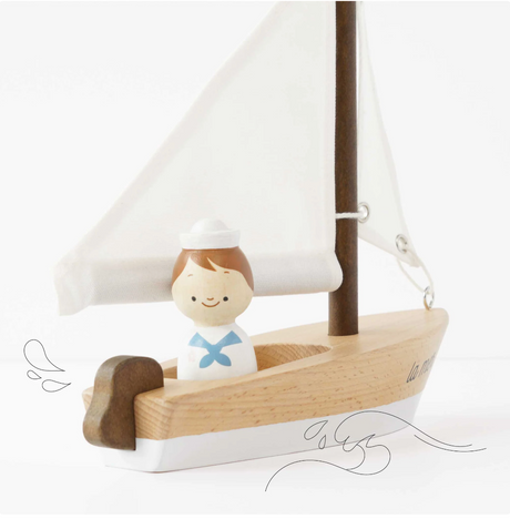 Sail Boat & Captain wooden toy with cotton sails and a painted miniature sailor for imaginative play ages 2+