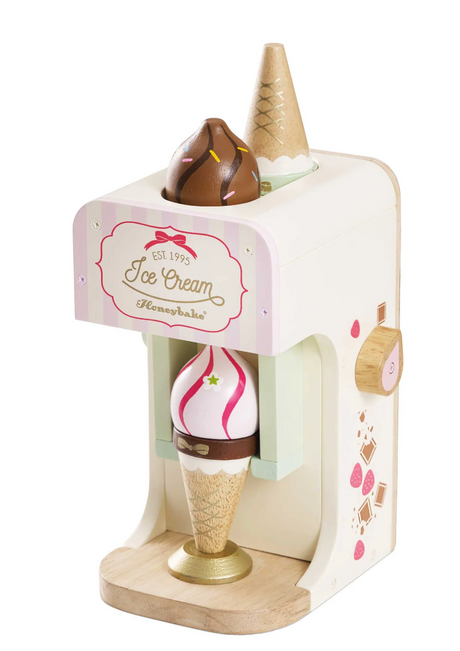 Ice Cream Machine wooden toy with pastel colors, ice cream cones, and lever for realistic pretend play.