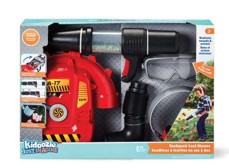 Backpack Leaf Blower toy in packaging with goggles and earmuffs, designed for kids with realistic sounds and action.