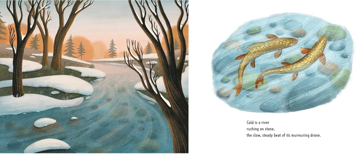 Cold book illustration showing a snowy river scene and fish swimming beneath icy water.