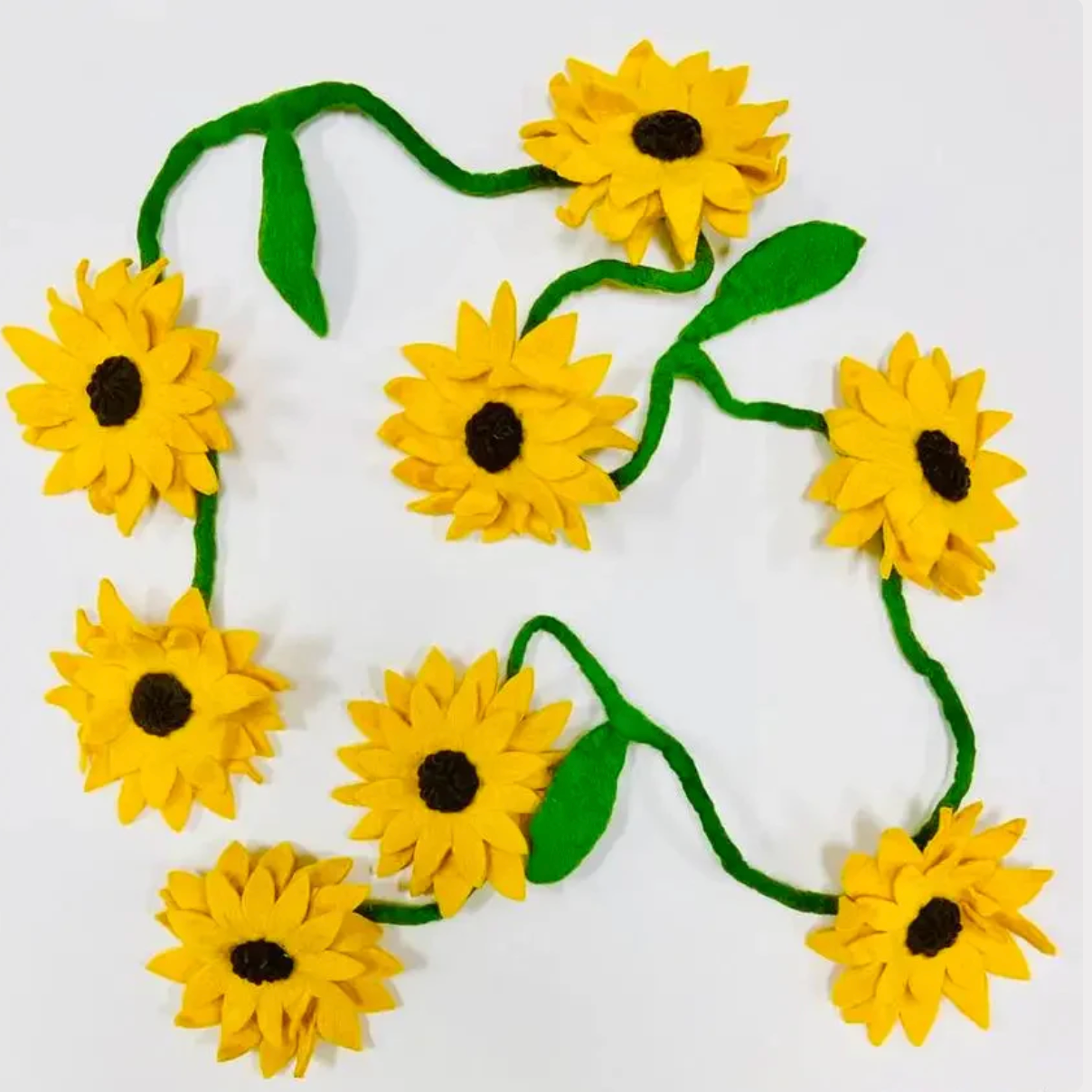 Felt Flower Garland | Sunflower with bright yellow handmade felt sunflowers and green leaves, perfect for home decor.
