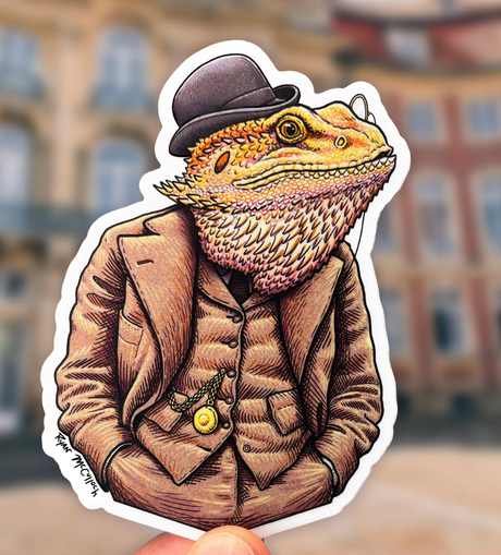 Dapper Bearded Dragon Sticker featuring a detailed bearded dragon in vintage suit and bowler hat design by Ryan McCulloch.