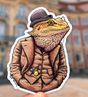 Dapper Bearded Dragon Sticker featuring a detailed bearded dragon in vintage suit and bowler hat design by Ryan McCulloch.