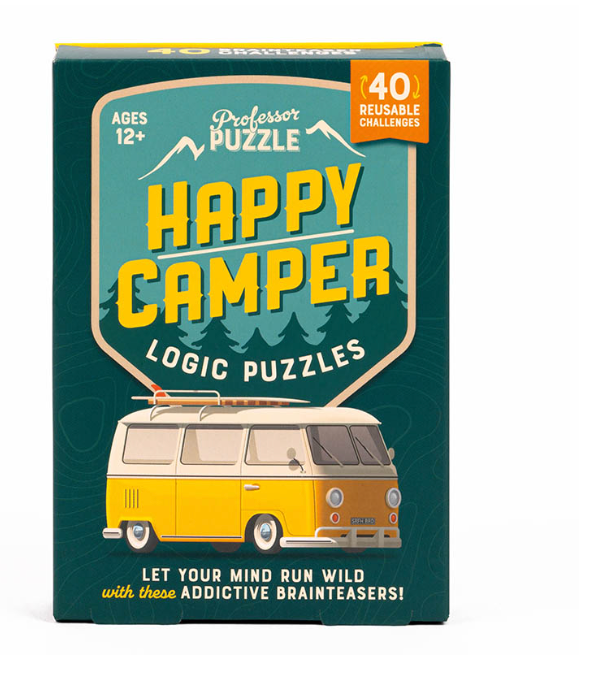 Happy Camper Logic Puzzles box with yellow van illustration, 40 reusable puzzle cards for ages 12 and up.
