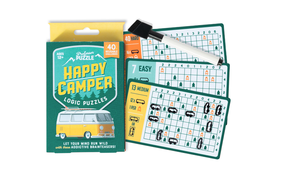 Happy Camper Logic Puzzles reusable cards with dry-wipe pen, featuring 40 brainteasers for ages 12 and up.