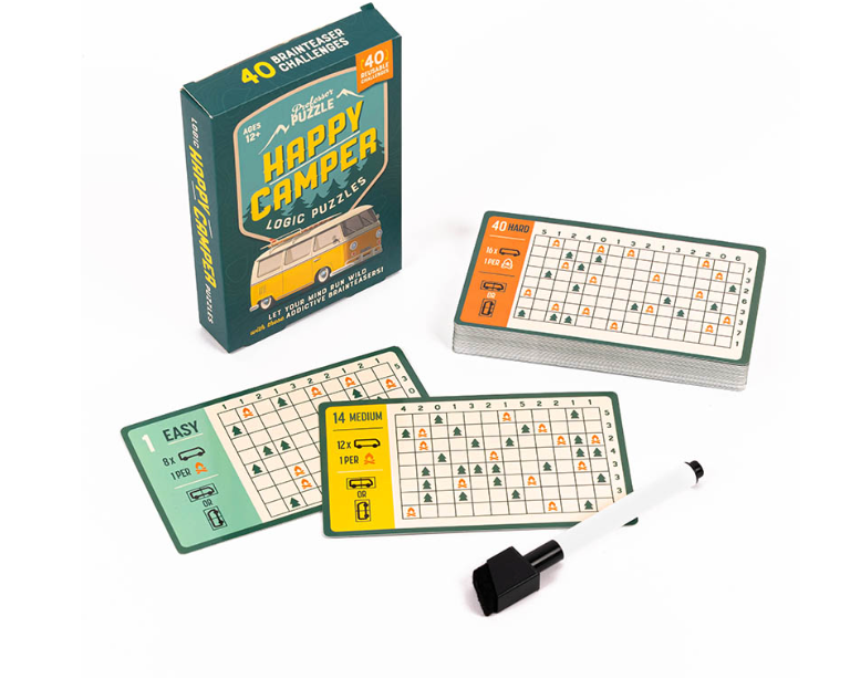 Happy Camper Logic Puzzles with 40 reusable cards, dry-wipe pen, and varying difficulty for ages 12 and up.