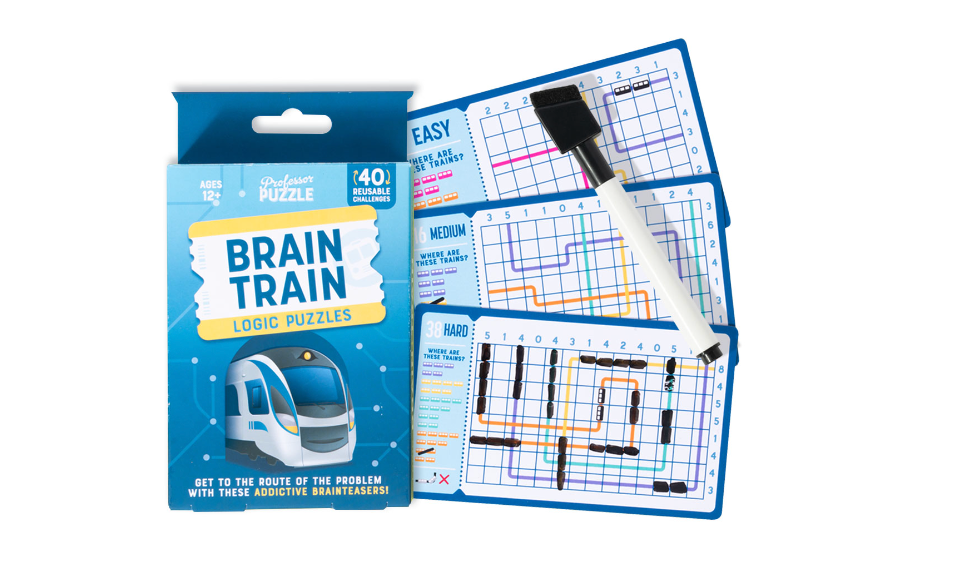 Brain Train Logic Puzzles with 40 cards and a dry-wipe pen for engaging, strategic train fitting challenges.
