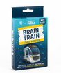 Brain Train Logic Puzzles box showing 40 reusable challenges for ages 12 and up with train-themed design.