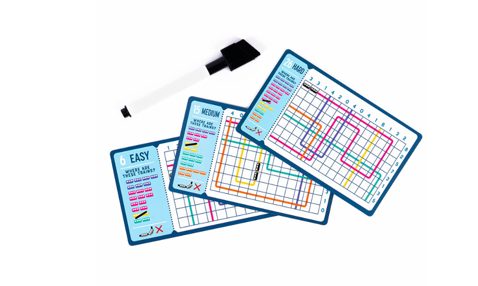 Brain Train Logic Puzzles showing puzzle cards and dry-wipe pen for engaging and fun brain training.