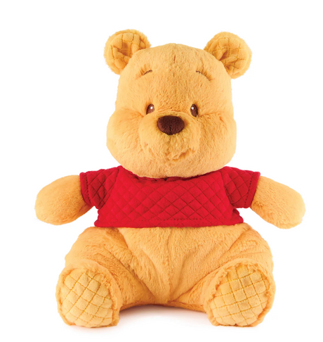 Oh So Snuggly Winnie the Pooh plush with amber fur, red quilted shirt, floppy seated design, and soft embroidered details.