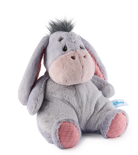 Oh So Snuggly Eeyore plush with soft gray fabric, pink quilted accents, long ears, and a pink bow on the tail.