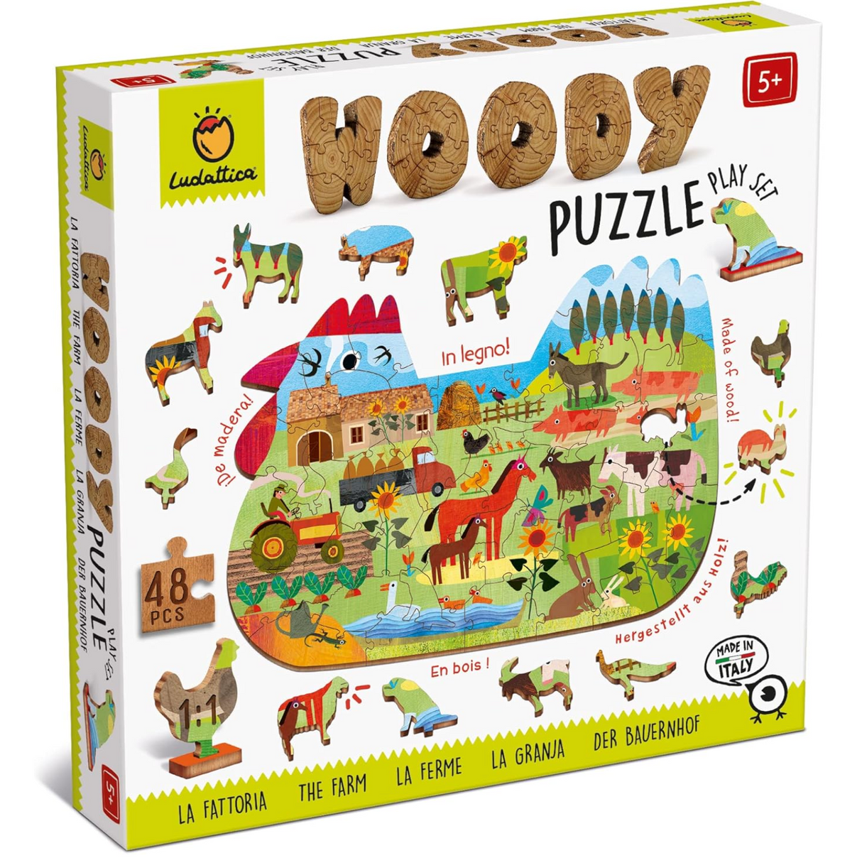 48pc The Farm Woody Puzzle with colorful farm animals, laser-cut wooden pieces for ages 5+, enhances logic and fine motor skills.