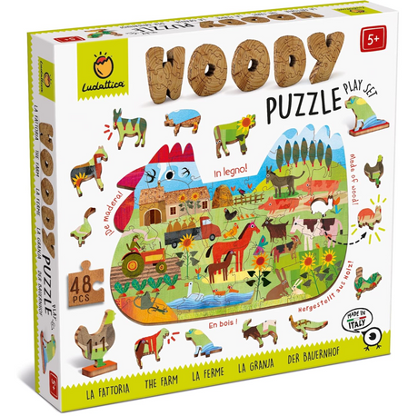 48pc The Farm Woody Puzzle with colorful farm animals, laser-cut wooden pieces for ages 5+, enhances logic and fine motor skills.
