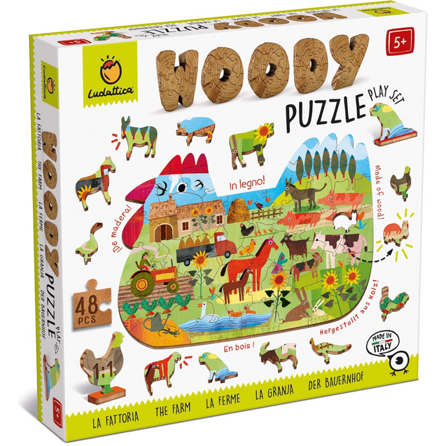 48pc The Farm Woody Puzzle with colorful farm animals, laser-cut wooden pieces for ages 5+, enhances logic and fine motor skills.
