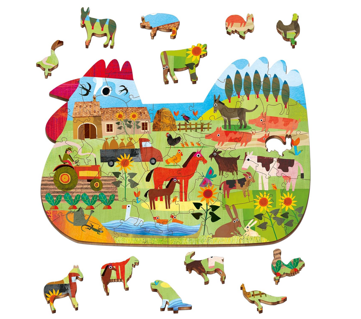 48pc The Farm Woody Puzzle colorful wooden farm scene with shaped animal pieces for kids age 5+ enhancing fine skills