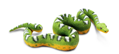 Emerald Tree Boa toy snake figure with vibrant green, yellow underbelly, and white markings, detailed and realistic design.