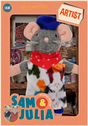 Sam & Julia | Artist plush mouse toy wearing a colorful outfit and blue hat in creative studio setting.