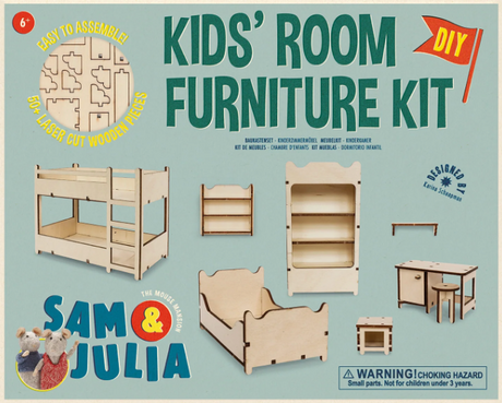 Sam & Julia | DIY Furniture Kit: Kid's Bedroom wooden miniature bunkbed, bed, desk, shelves, and stool for kids.