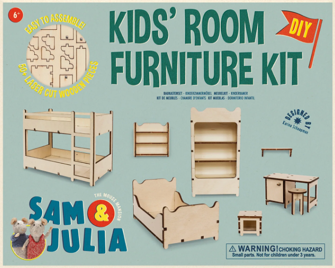 Sam & Julia | DIY Furniture Kit: Kid's Bedroom wooden miniature bunkbed, bed, desk, shelves, and stool for kids.