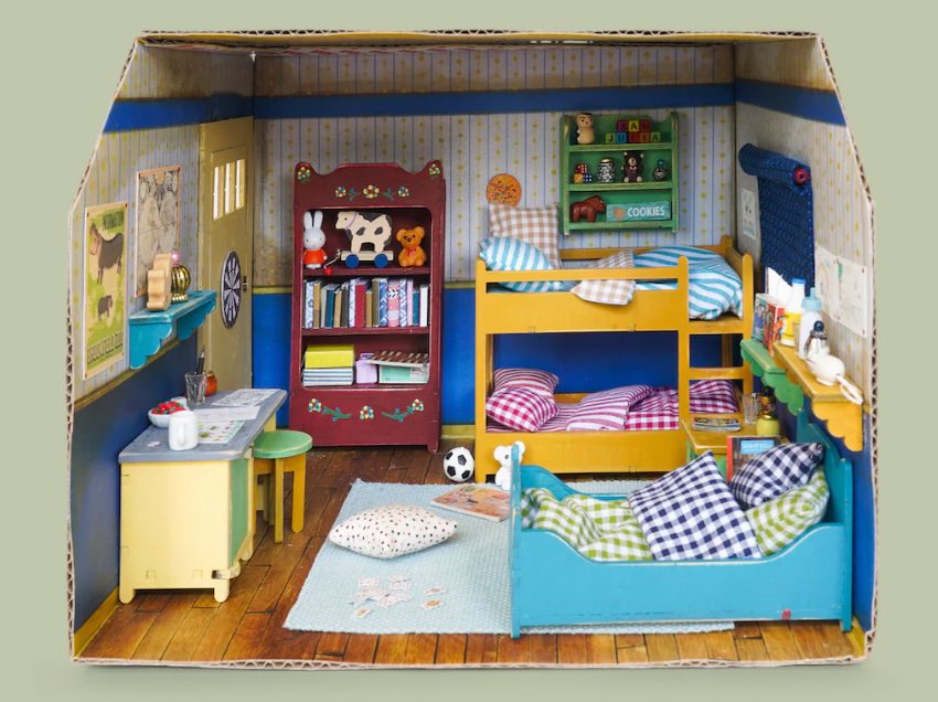 Sam & Julia | DIY Furniture Kit: Kid's Bedroom featuring assembled miniature wooden bunkbed, bed, desk, and shelves in a 1:12 scale room.