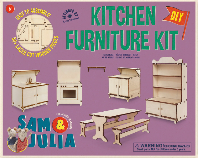 Sam & Julia | DIY Furniture Kit: Kitchen with 1:12 scale wooden stove, sink, table, cupboard, and benches for mini kitchen assembly.