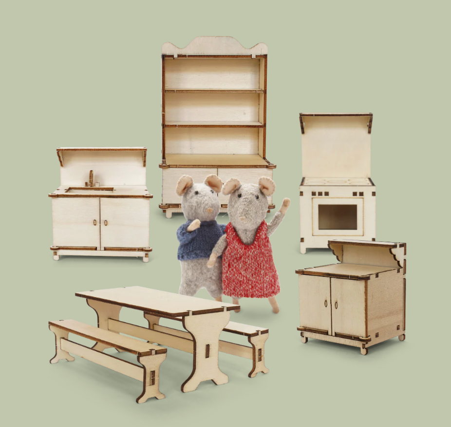 Sam & Julia | DIY Furniture Kit: Kitchen with wooden stove, sink, cupboard, dining table, benches, and two mouse figures.