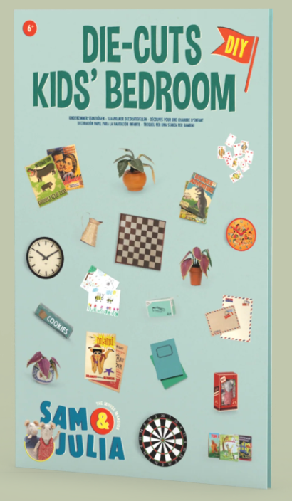 Sam & Julia | Die Cuts: Kid's Bedroom with miniature books, plants, clock, dartboard, and other paper-crafted items.