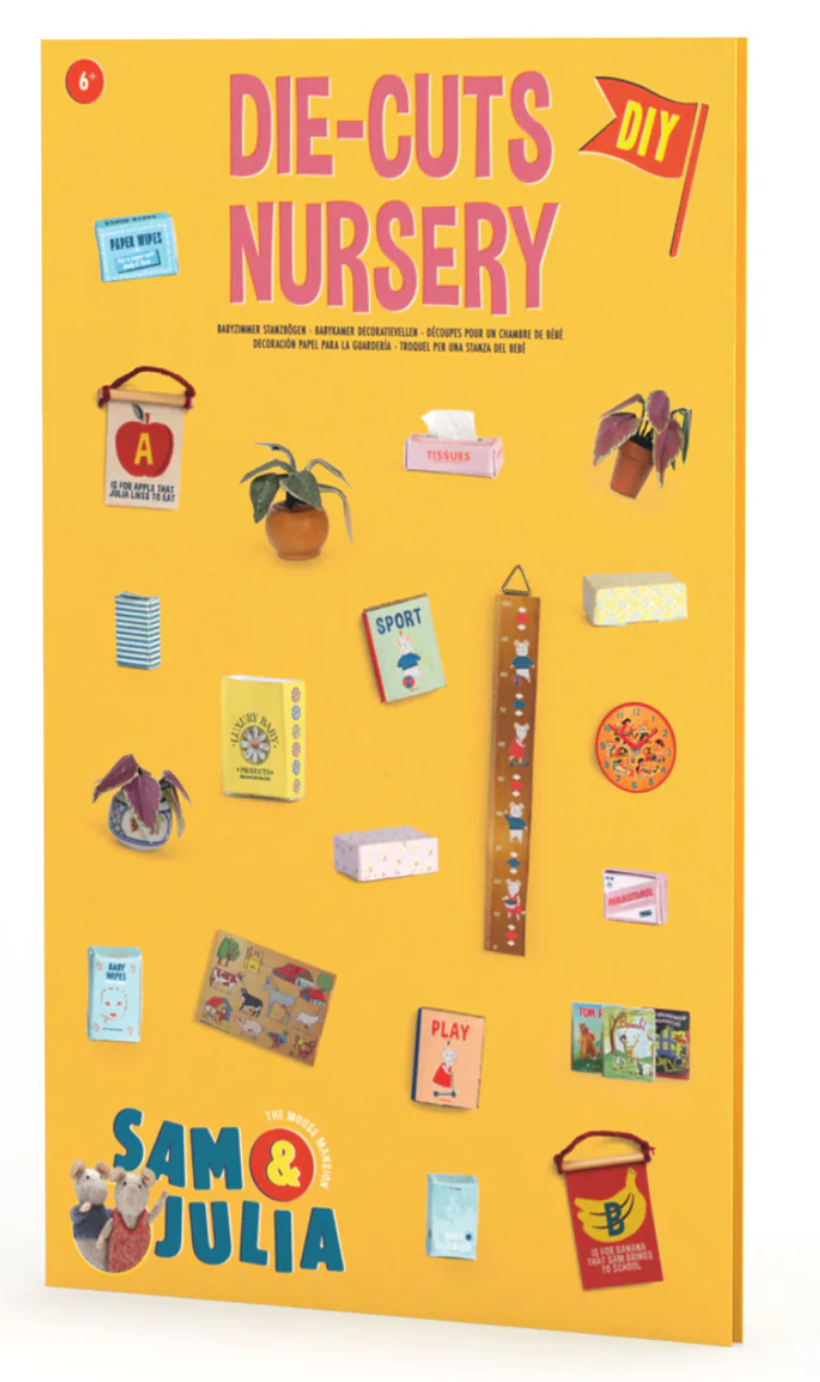 Sam & Julia | Diecuts Nursery paper craft set with miniature books, plants, and decor for kids' bedroom play and decoration.