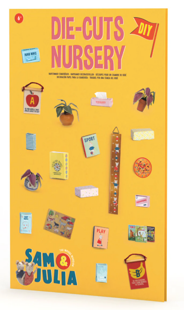 Sam & Julia | Diecuts Nursery paper craft set with miniature books, plants, and decor for kids' bedroom play and decoration.
