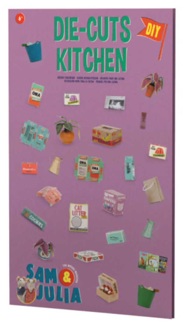 Sam & Julia | Die Cuts: Kitchen with miniature paper kitchen items including plants, boxes, and food packaging for DIY crafting.