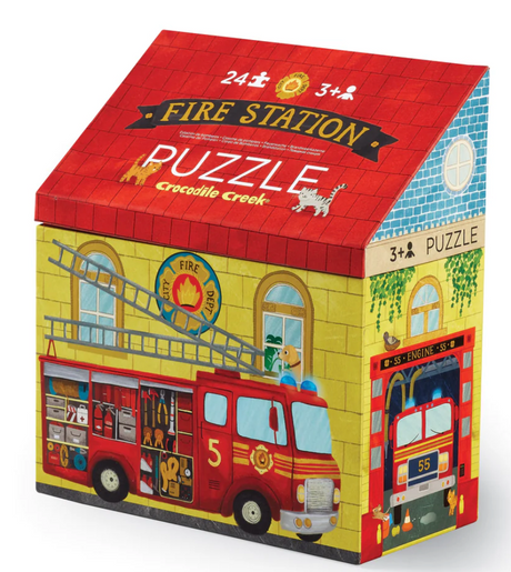 24pc Fire Station Puzzle in a house-shaped box featuring a fire truck and fire station scene for ages 3 and up
