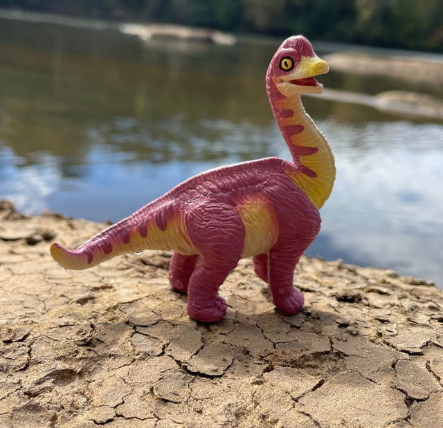 Brachiosaurus Baby toy figure with long neck and distinctive forehead in pastel colors standing on cracked earth by water.