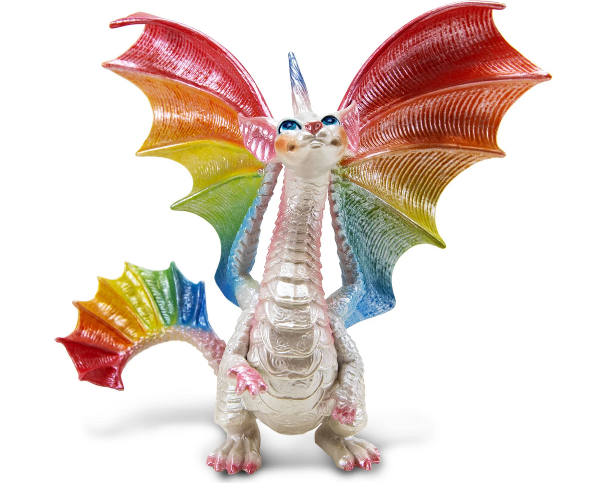 Fairy Rainbow Dragon figurine with pearlescent body and vibrant rainbow wings and tail, shining with magical charm.