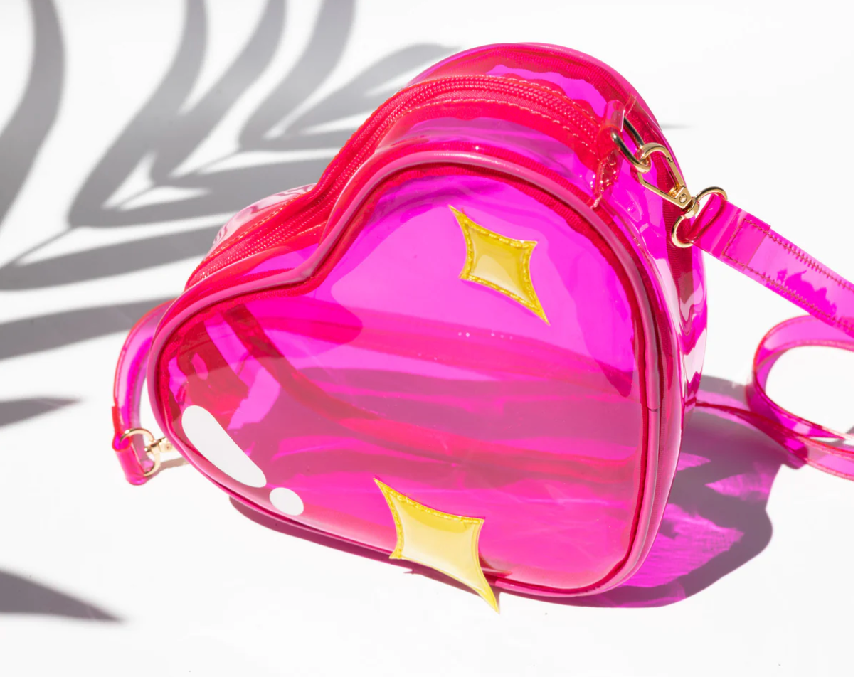 Handbag Jelly Sparkle Emoji in bright pink jelly material with sparkle heart design, perfect for kids' fun accessories.