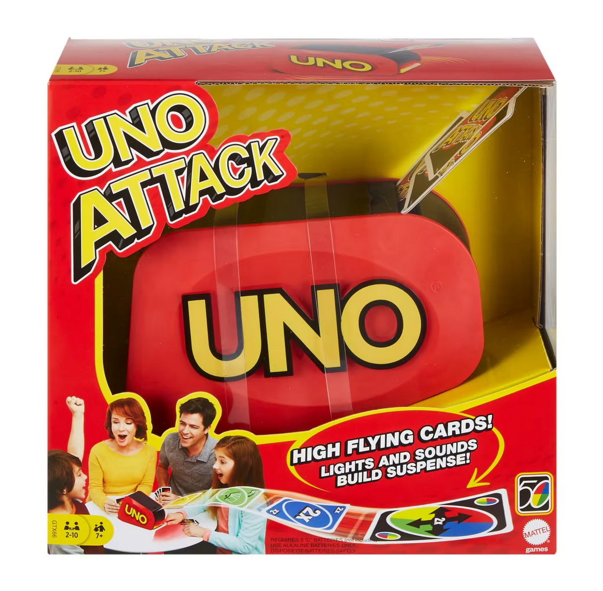 UNO Attack game with updated card launcher, flashing lights, and sound effects for exciting card play and suspense.