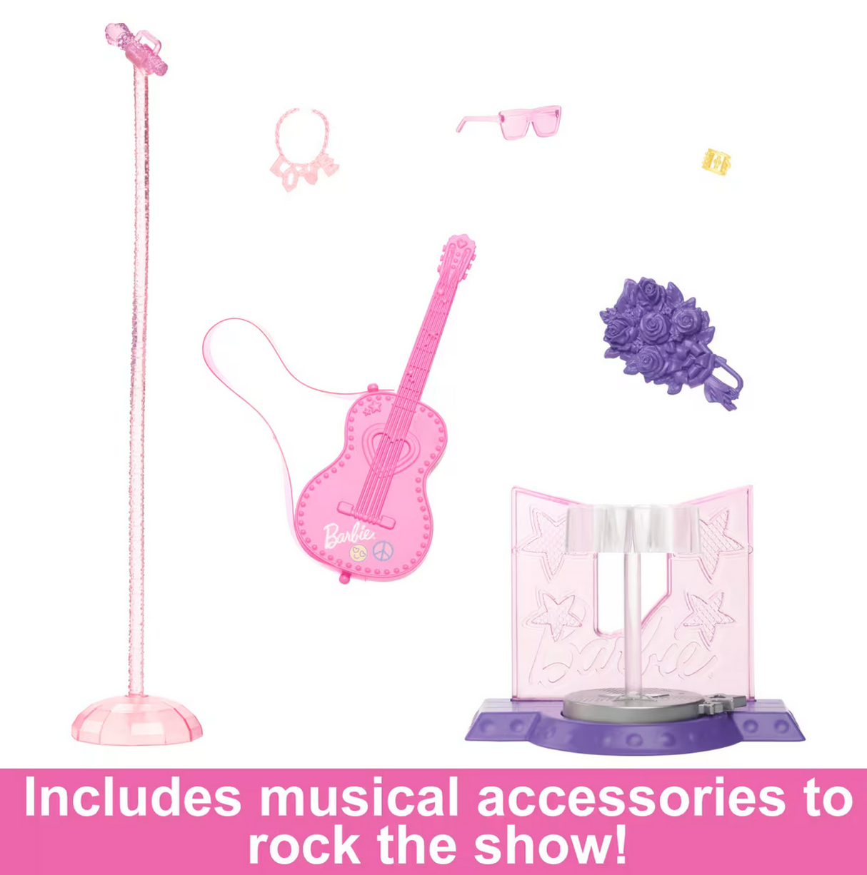 Barbie Pop Star Playset with pink guitar, microphone stand, stage, sunglasses, ring, necklace, and floral hair accessory.