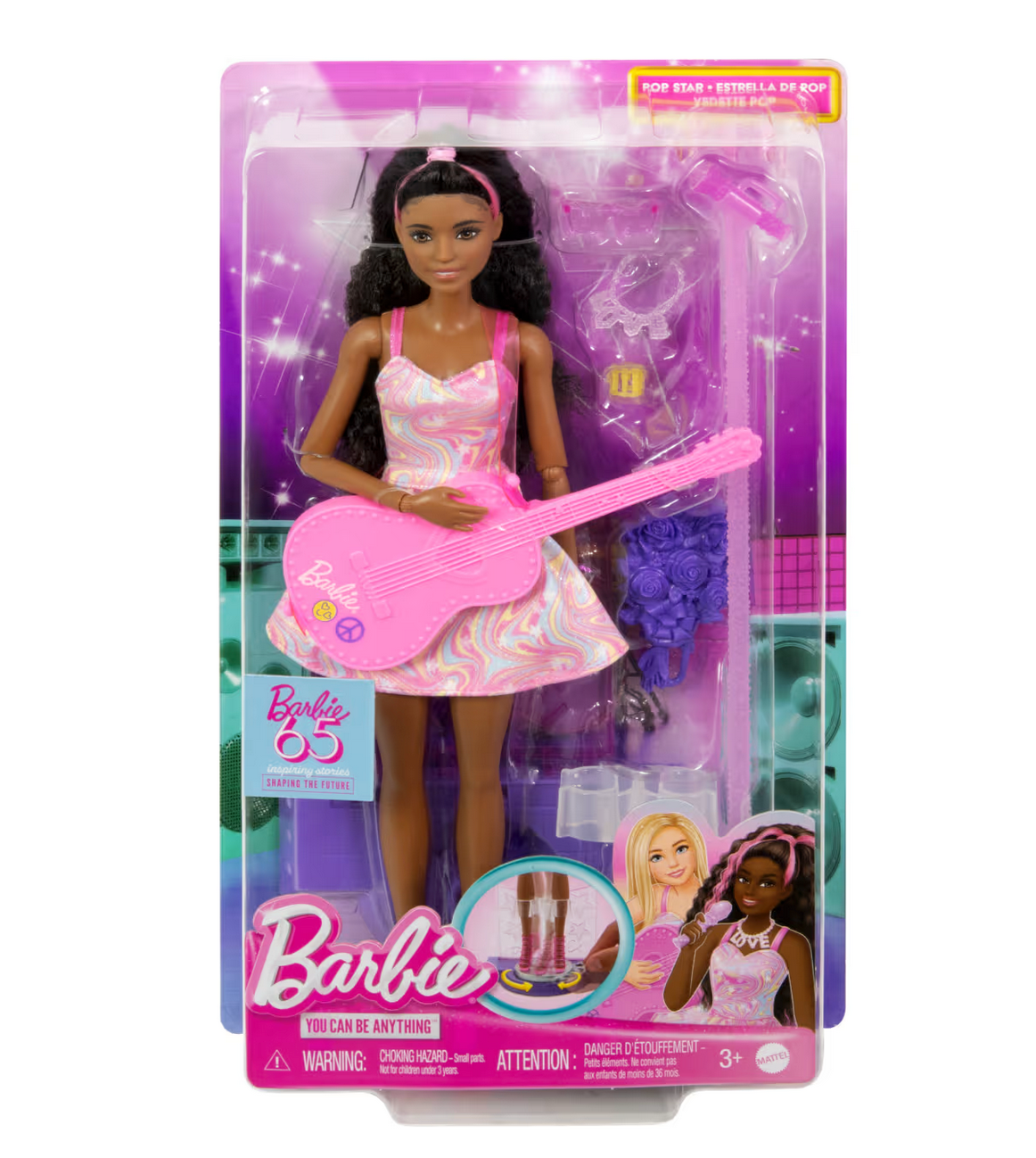 Barbie Pop Star Playset featuring a doll with pink guitar, stylish dress, and themed pop star accessories in packaging.
