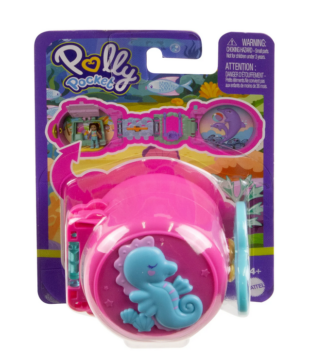 Polly Pocket On the Go Fun compact featuring a pink case with a blue seahorse and ocean-themed playset inside.