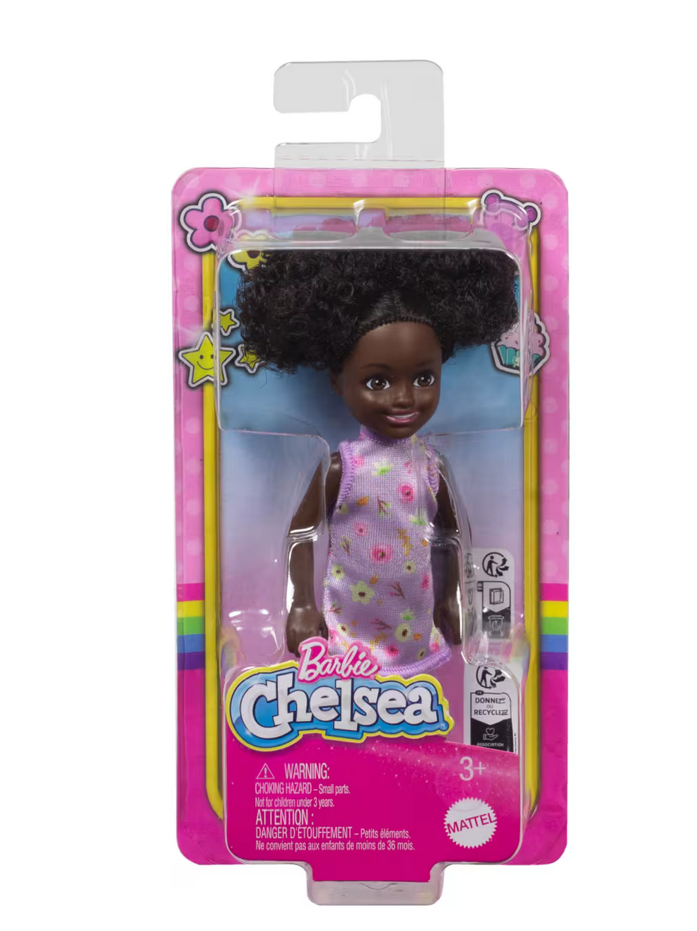 Barbie Chelsea #96 doll with curly hair in purple floral dress in colorful packaging for ages 3 and up.