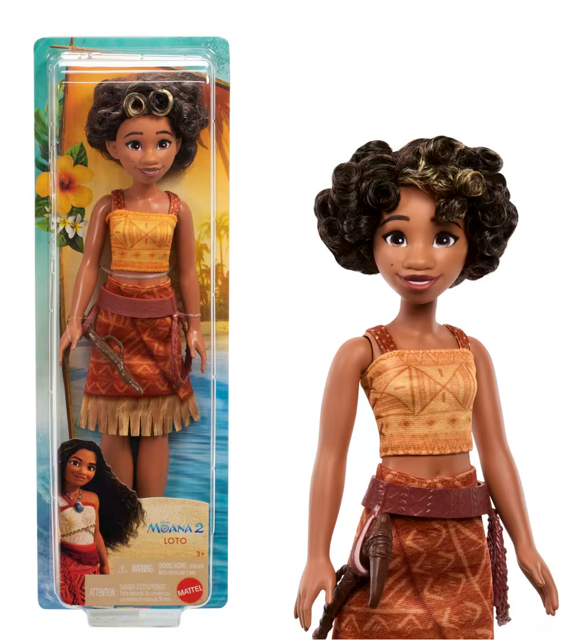 Disney Moana 2 Loto doll with curly hair, travel outfit, and toolbelt for imaginative ocean adventures.