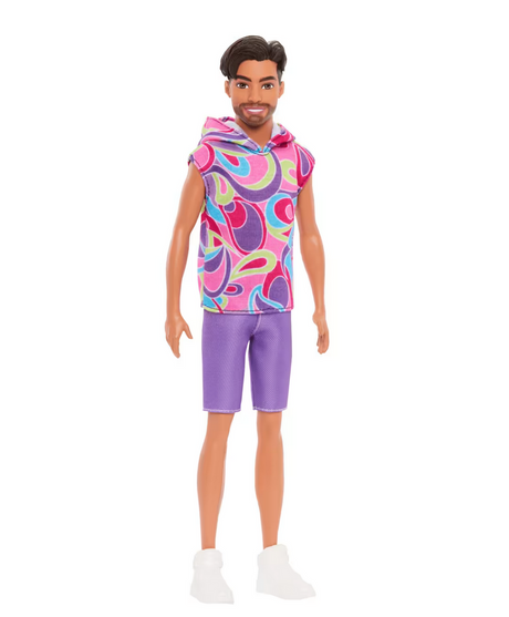 Barbie Fashionista Ken doll wearing a colorful graphic hoodie, sporty purple shorts, and white sneakers.
