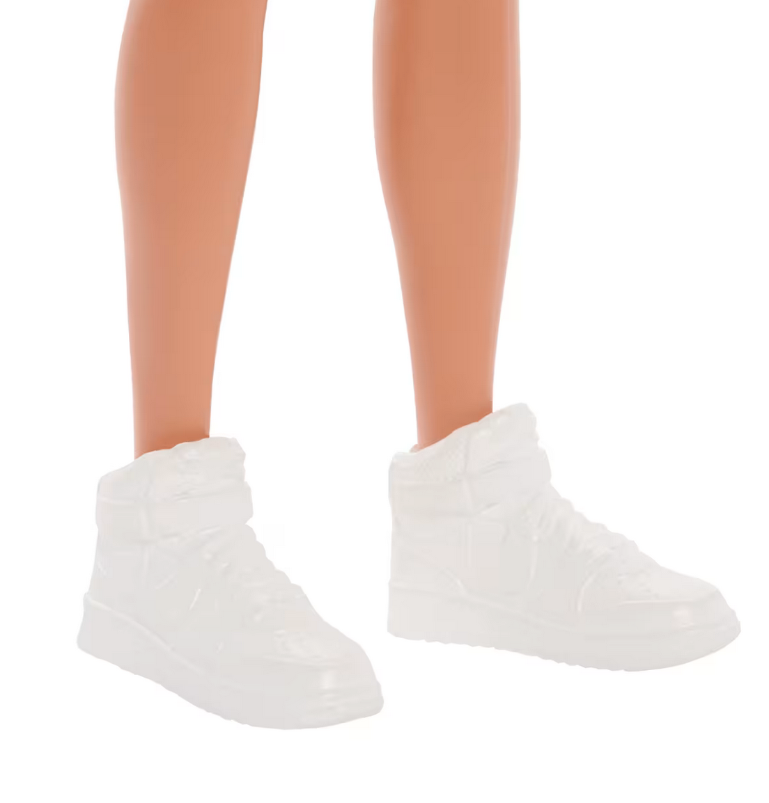 Barbie Fashionista Ken doll wearing white high-top sneakers as part of a trendy casual outfit.