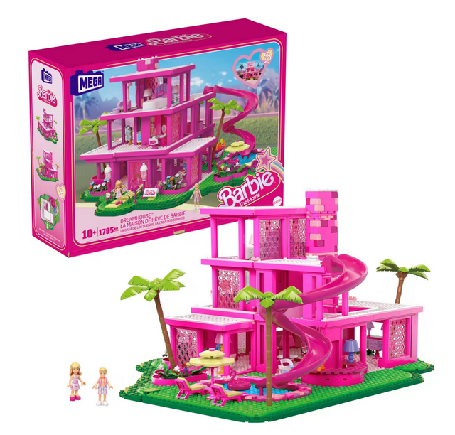 Mega Bloks Barbie Movie DreamHouse with 3-story buildable pink house, pool slide, furniture, and Barbie micro-dolls.